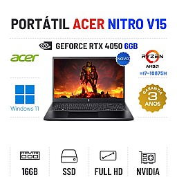 ACER NITRO V15 | 15.6'' FULLHD 165Hz | RYZEN 5 = I7-10875H | 16GB RAM | 480GB SSD | RTX4050 6GB
