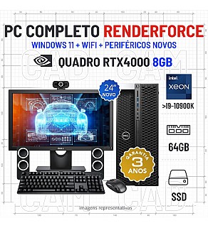 CONJUNTO 3D/CAD RENDER FORCE DELL T7820 TOWER | DUPLO XEON GOLD SUPERIOR i9-10900k | 64GB RAM | 480GB SSD | QUADRO RTX4000-8GB COM MONITOR + ACESSORIOS