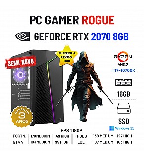 PC GAMER ROGUE SEMI-NOVO | RTX2070-8GB SUPERIOR RTX3060-8GB | RYZEN 5 = i7-10700K | 16GB RAM | 960GB SSD