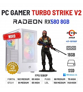 PC GAMER TURBO STRIKE V2 NOVO | RX580-8GB | RYZEN 5 = i7-10700F | 16GB RAM | 240GB SSD