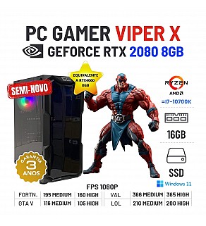 PC GAMER VIPER X SEMI-NOVO | RTX2080-8GB = RTX4060-8GB | RYZEN 5 = i7-10700K | 16GB RAM | 960GB SSD