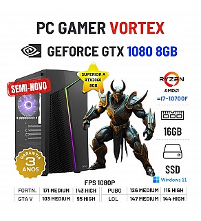 PC GAMER VORTEX SEMI-NOVO | GTX1080-8GB SUPERIOR A RTX3060-8GB | RYZEN 5 = i7-10700F | 16GB RAM | 480GB SSD