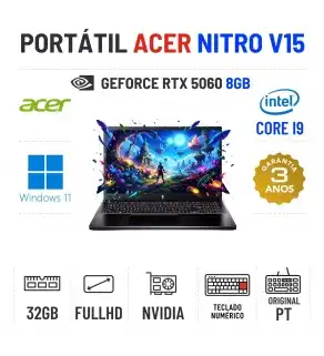 ACER NITRO V15 | 15.6'' FULLHD 180Hz | I9-13900H | 32GB RAM | 960GB SSD | RTX5060 8GB | TECLADO NUMERICO ACER NITRO V15 | 15.6'' FULLHD 180Hz | I9-13900H | 32GB RAM | 960GB SSD | RTX5060 8GB | TECLADO NUMERICO