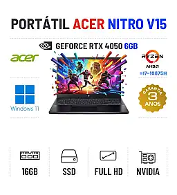 ACER NITRO V15 | 15.6'' FULLHD 165Hz | RYZEN 5 = i7-10875H | 16GB RAM | 480GB SSD | RTX4050 6GB ACER NITRO V15 | 15.6'' FULLHD 165Hz | RYZEN 5 = i7-10875H | 16GB RAM | 480GB SSD | RTX4050 6GB