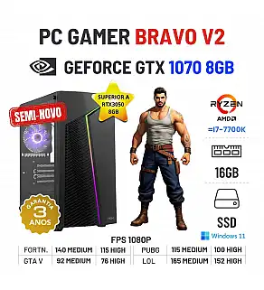 PC GAMER BRAVO V2 SEMI-NOVO | GTX1070-8GB SUPERIOR A RTX3050-8GB  | RYZEN 3 = i7-7700K | 16GB RAM | 480GB SSD