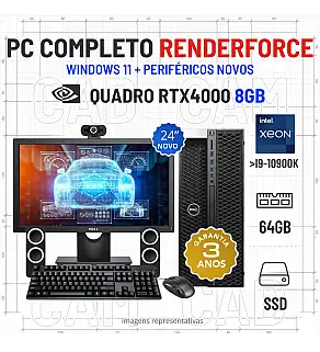 CONJUNTO 3D/CAD RENDER FORCE DELL T7820 TOWER | DUPLO XEON GOLD SUPERIOR i9-10900k | 64GB RAM | 480GB SSD | QUADRO RTX4000-8GB COM MONITOR + ACESSORIOS