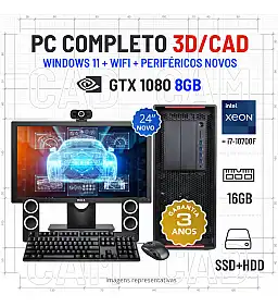 CONJUNTO 3D/CAD LENOVO P510 | XEON=i7-10700F | 16GB RAM | SSD + HDD | GTX1080-8GB COM MONITOR + ACESSORIOS