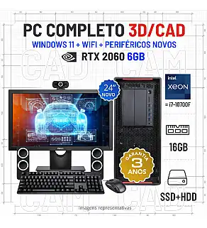 CONJUNTO 3D/CAD LENOVO P510 | XEON=i7-10700F | 16GB RAM | SSD + HDD | RTX2060-6GB COM MONITOR + ACESSORIOS
