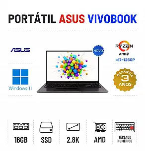 NOVO - ASUS VIVOBOOK 15 OLED | 15.6'' 2.8K | RYZEN 7 = i7-1260P | 16GB RAM | 960GB SSD | TECLADO NUMÉRICO | OFERTA DE OFFICE 2021