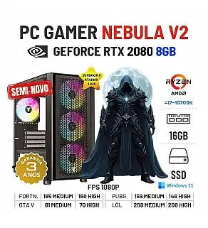 PC GAMER NEBULA V2 SEMI-NOVO | RTX2080-8GB SUPERIOR A RTX3060-12GB | RYZEN 5 = i7-10700K | 16GB RAM | 960GB SSD