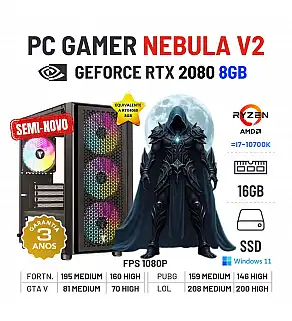 PC GAMER NEBULA V2 SEMI-NOVO | RTX2080-8GB=RTX4060-8GB | RYZEN 5 = i7-10700K | 16GB RAM | 960GB SSD