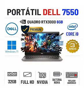 DELL PRECISION 7550 | 15.6" FULLHD | I9-10885H | 32GB RAM | 960GB SSD | QUADRO RTX3000 6GB | BATERIA NOVA | TECLADO NUMÉRICO 