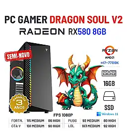 PC GAMER DRAGON SOUL V2 SEMI-NOVO | RX580-8GB | RYZEN 3 = i7-7700K | 16GB RAM | SSD + HDD