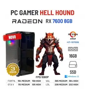 PC GAMER HELL HOUND NOVO | RX7600-8GB | RYZEN 5 = i7-10700K | 16GB RAM | 960GB SSD