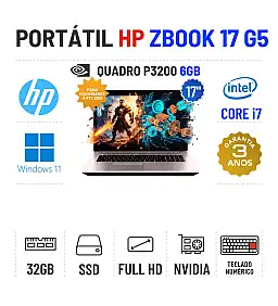 HP ZBOOK 17 G5 | 17" FULLHD | i7-8850H | 32GB RAM | 480GB SSD | QUADRO P3200 6GB = RTX 3050-4GB | BATERIA NOVA |TECLADO NUMÉRICO