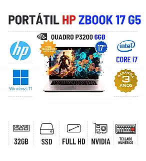 HP ZBOOK 17 G5 | 17" FULLHD | i7-8850H | 32GB RAM | 480GB SSD | QUADRO P3200 6GB = RTX 3050-4GB | TECLADO NUMÉRICO