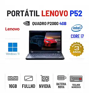 LENOVO P52 | 15.6" FULLHD | i7-8750H | 16GB RAM | 480GB SSD | QUADRO P2000 4GB | BATERIA NOVA | TECLADO NUMERICO LENOVO P52 | 15.6" FULLHD | i7-8750H | 16GB RAM | 480GB SSD | QUADRO P2000 4GB | BATERIA NOVA | TECLADO NUMERICO