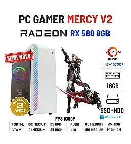 PC GAMER MERCY V2 SEMI-NOVO | RX580-8GB | RYZEN 5 = i7-10700F | 16GB RAM | SSD+HDD