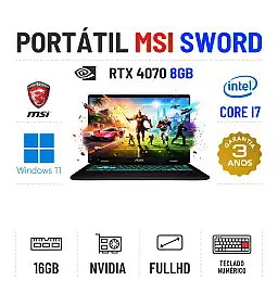 MSI SWORD B14VGKG-872XES |15.6'' FULLHD IPS 144HZ | i7-14650HX | 16GB RAM | 960GB SSD | RTX 4070 8GB | TECLADO NUMÉRICO