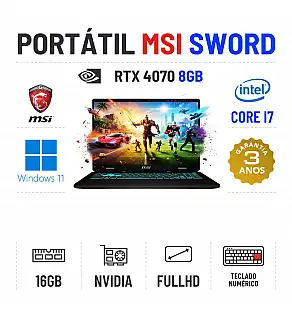 MSI SWORD B14VGKG-872XES |15.6'' FULLHD IPS 144HZ | i7-14650HX | 16GB RAM | 960GB SSD | RTX 4070 8GB | TECLADO NUMÉRICO