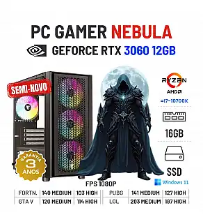 PC GAMER NEBULA SEMI-NOVO | RTX3060-12GB | RYZEN 5 = i7-10700K | 16GB RAM | 960GB SSD