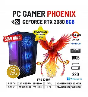 PC GAMER PHOENIX SEMI-NOVO | RTX2080-8GB = RTX4060-8GB | RYZEN 5 = i7-11700 | 16GB RAM | 480GB SSD