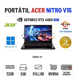 ACER NITRO V15 | 15.6'' FULLHD 144Hz | RYZEN 7 = I9-11980HK | 32GB RAM | 960GB SSD | RTX4060 8GB | TECLADO NUMÉRICO