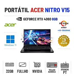 ACER NITRO V15 | 15.6'' FULLHD 144Hz | RYZEN 7 = I9-11980HK | 32GB RAM | 960GB SSD | RTX4060 8GB | TECLADO NUMÉRICO