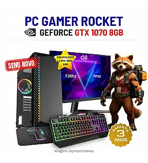 CONJUNTO GAMER ROCKET SEMI-NOVO | GTX1070-8GB SUPERIOR A RTX3050-8GB | XEON 16 CORES SUPERIOR i7-10700 | 16GB RAM | 960GB SSD COM MONITOR + ACESSORIOS