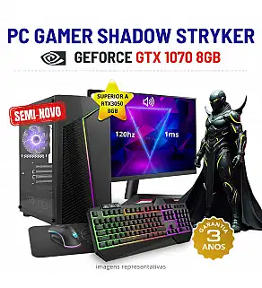 CONJUNTO GAMER SHADOW STRYKER SEMI-NOVO | GTX1070-8GB SUPERIOR A RTX3050-8GB | RYZEN 5 = i7-10700F | 16GB RAM | SSD+HDD COM MONITOR + ACESSORIOS