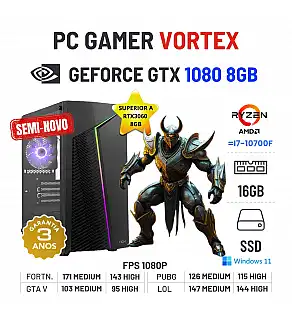 PC GAMER VORTEX SEMI-NOVO | GTX1080-8GB SUPERIOR A RTX3060-8GB | RYZEN 5 = i7-10700F | 16GB RAM | 480GB SSD