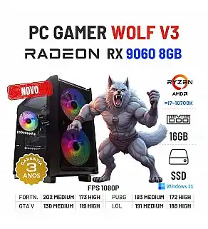 PC GAMER WOLF V3 NOVO | RX9060-8GB | RYZEN 5 = i7-10700K | 16GB RAM | 960GB SSD