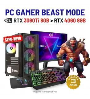 CONJUNTO GAMER BEAST MODE SEMI-NOVO | RTX3060Ti-8GB SUPERIOR A RTX4060-8GB | RYZEN 5 = i7-10700K | 16GB RAM | SSD + HDD COM MONITOR + ACESSORIOS