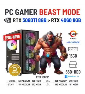 PC GAMER BEAST MODE SEMI-NOVO | RTX3060Ti-8GB SUPERIOR A RTX4060-8GB | RYZEN 5 = i7-10700K | 16GB RAM | SSD + HDD
