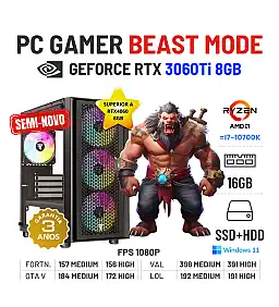 PC GAMER BEAST MODE SEMI-NOVO | RTX3060Ti-8GB SUPERIOR A RTX4060-8GB | RYZEN 5 = i7-10700K | 16GB RAM | SSD + HDD