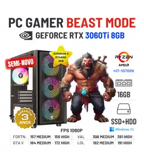PC GAMER BEAST MODE SEMI-NOVO | RTX3060Ti-8GB SUPERIOR A RTX4060-8GB | RYZEN 5 = i7-10700K | 16GB RAM | SSD + HDD PC GAMER BEAST MODE SEMI-NOVO | RTX3060Ti-8GB SUPERIOR A RTX4060-8GB | RYZEN 5 = i7-10700K | 16GB RAM | SSD + HDD