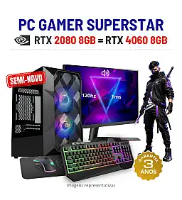 CONJUNTO GAMER SUPERSTAR SEMI-NOVO | RTX2080-8GB = RTX4060-8GB | i3-14GEN=i7-10700 | 16GB RAM | 480GB SSD COM MONITOR + ACESSORIOS