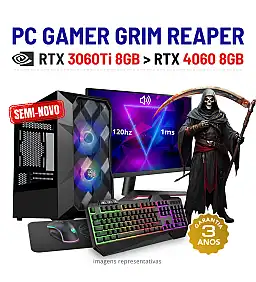 CONJUNTO GAMER GRIM REAPER SEMI-NOVO | RTX3060Ti-8GB SUPERIOR A RTX4060-8GB | RYZEN 7 = i9-11900K | 16GB RAM | 480GB SSD COM MONITOR + ACESSORIOS