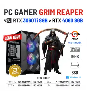 PC GAMER GRIM REAPER SEMI-NOVO | RTX3060Ti-8GB SUPERIOR A RTX4060-8GB | RYZEN 7 = i9-11900K | 16GB RAM | 480GB SSD