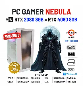 PC GAMER NEBULA SEMI-NOVO | RTX2080-8GB = RTX4060-8GB | RYZEN 5 = i7-10700K | 16GB RAM | 480GB SSD PC GAMER NEBULA SEMI-NOVO | RTX2080-8GB = RTX4060-8GB | RYZEN 5 = i7-10700K | 16GB RAM | 480GB SSD