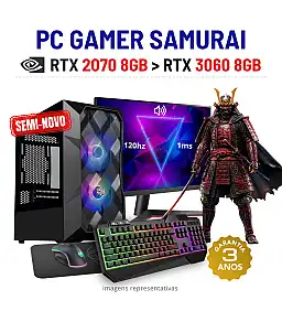 CONJUNTO GAMER SAMURAI SEMI-NOVO | RTX2070-8GB SUPERIOR A RTX3060-8GB | RYZEN 5 = i7-10700F | 16GB RAM | 480GB SSD COM MONITOR + ACESSORIOS