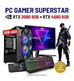 CONJUNTO GAMER SUPERSTAR SEMI-NOVO | RTX2080-8GB = RTX4060-8GB | i3-14GEN=i7-10700 | 16GB RAM | 480GB SSD COM MONITOR + ACESSORIOS