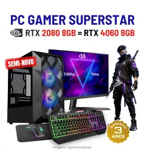 CONJUNTO GAMER SUPERSTAR SEMI-NOVO | RTX2080-8GB = RTX4060-8GB | i3-14GEN=i7-10700 | 16GB RAM | 480GB SSD COM MONITOR + ACESSORIOS