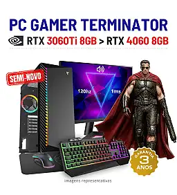 CONJUNTO TERMINATOR SEMI-NOVO | RTX3060Ti-8GB SUPERIOR A RTX4060-8GB | RYZEN 5 = i7-10700K | 32GB RAM | SSD + HDD COM MONITOR + ACESSORIOS