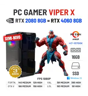 PC GAMER VIPER X SEMI-NOVO | RTX2080-8GB = RTX4060-8GB | RYZEN 5 = i7-10700K | 16GB RAM | 960GB SSD